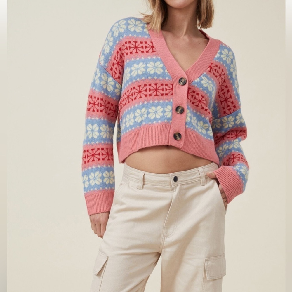 NWT Cotton on Crop Cardigan Floral Wool bland Size S Christmas